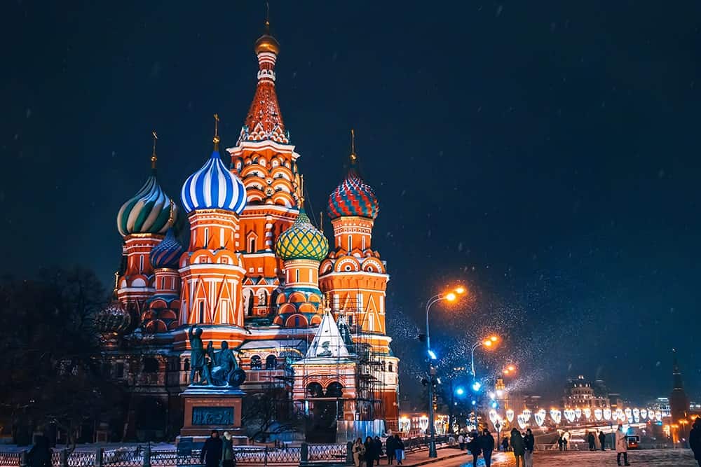 Popular Russian heritage buildings in night scene illustrating the importance of Russian translation services