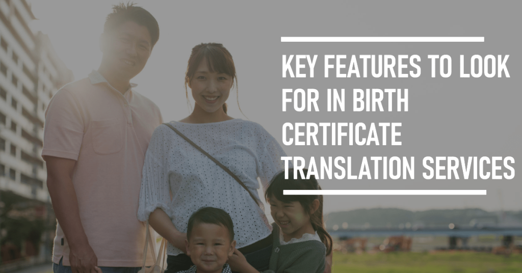 image of a family of 4 against the building backdrop showing the key features to look for in birth certificate translation services in singapore