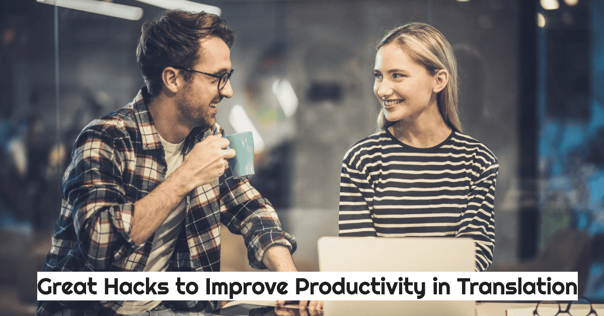 Translators chatting over a cup of coffee on great hacks to improve productivity in translation