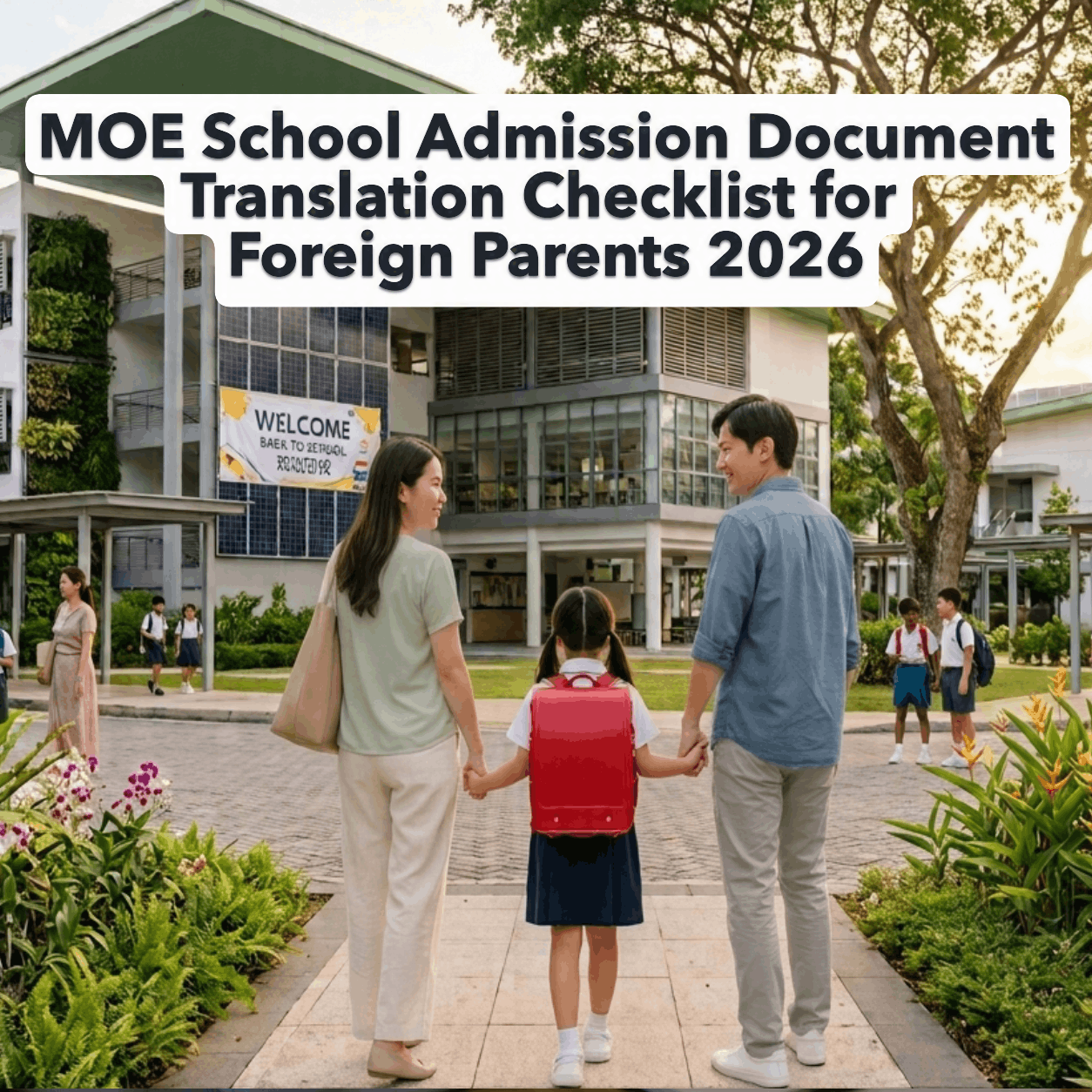 2 parents holding their daughter's hand after going through on the MOE school admission document checklist for foreign parents