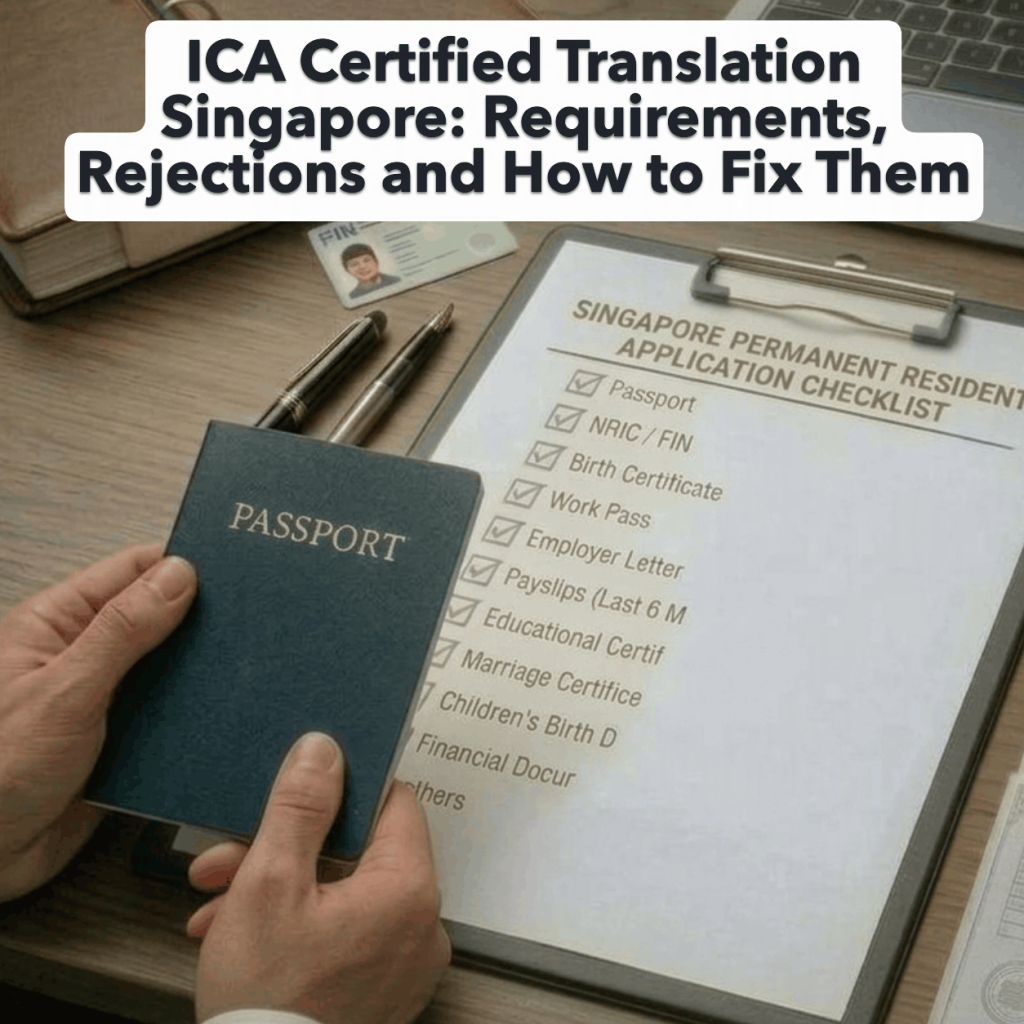 Image showing a passport and document translation checklist for ICA Certified Translation Singapore