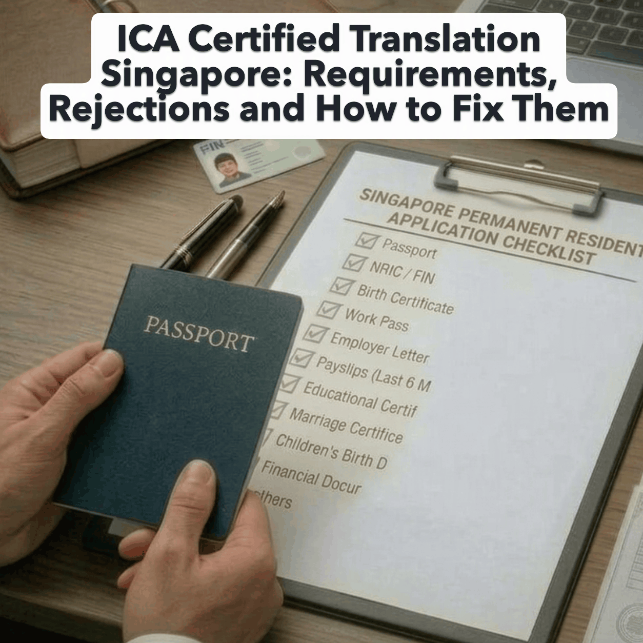 Image showing a passport and document translation checklist for ICA Certified Translation Singapore